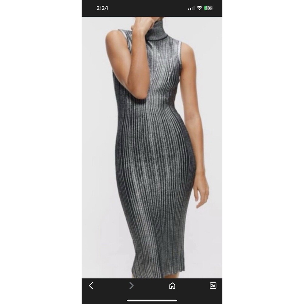 Zara Black Silver Metallic Ribbed Knit Bodycon Turtleneck Midi Dress Size S